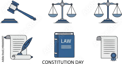 Blue and white legal symbols and documents with Constitution Day text gavel scales