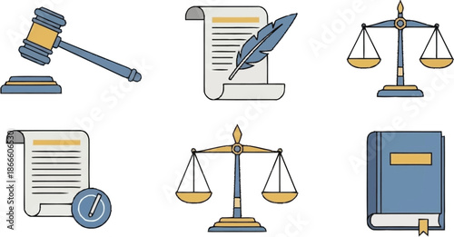Blue and yellow legal including gavel, quill, scales, and book document