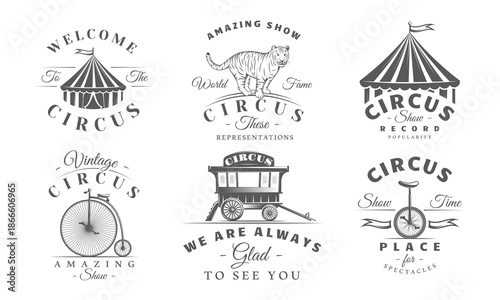 Circus logo set features striped tents, trained tiger, circus wagon, retro bicycle and unicycle. Vintage carnival branding or festival decoration. Vector illustration
