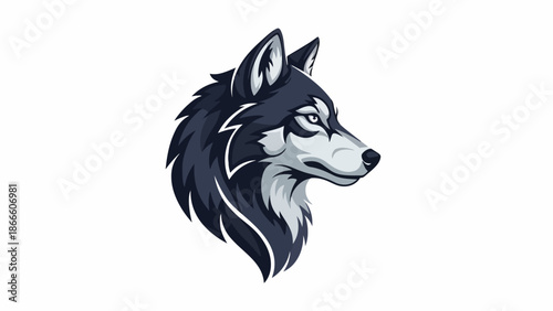 Illustration of a wolf's head in profile with a dark and white color scheme on a white background.