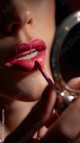 Young woman applying glossy lip product while looking in mirror  