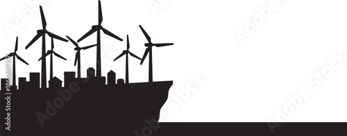 Wind turbines and city skyline silhouette, renewable energy concept, clean power generation