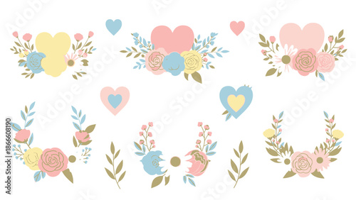 Pastel Floral Hearts Bouquets with Watercolor Leaves and Roses