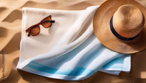 Beach Towel Mockup With Hat And Sunglasses On Sand Summer Vacation Travel Background For Product Display