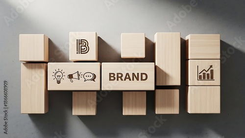 Wooden blocks with branding and marketing concept icons arranged together