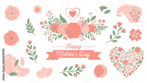 Pink Floral Wreath With Hearts And Happy Mothers Day Banner flowers roses