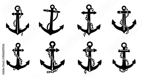 Set of black silhouettes of various styles of anchors