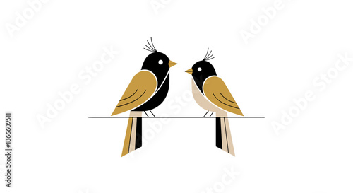 Cute cartoon birds sitting on a branch with a simple and minimalist design