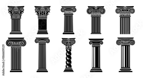 Collection of classical greek and roman architectural columns with detailed capitals