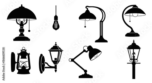 Collection of vintage street lamps and lanterns in various styles and designs