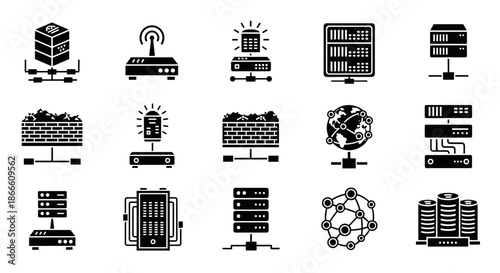 A collection of technological icons representing network, internet, and communication devices.