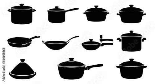 Collection of various cooking pots and pans including saucepans and lids