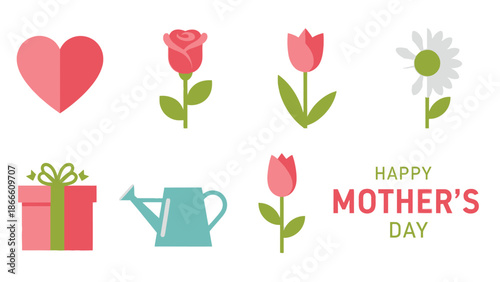 Flat Happy Mothers Day With Heart Flowers Gift Watering Can mothersday celebration