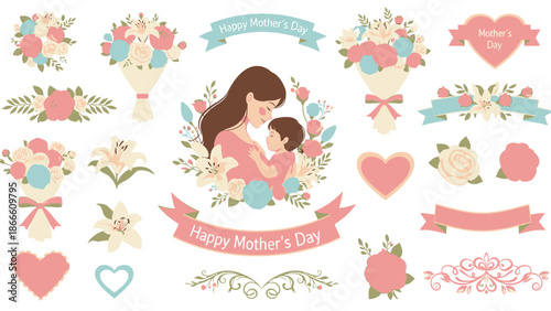 Hand Drawn Watercolor Mother Child Bouquets Hearts Mother Day Greeting baby flowers