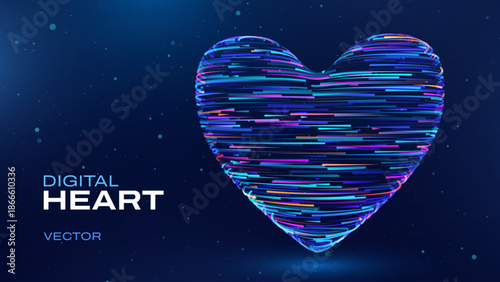 3D Digital Tech Heart Formed From Glowing Light Particles With Flowing Trails. Valentine’s Day Technology Inspired Banner Concept. Wireframe Low-Poly Heart Symbol Vector Illustration.
