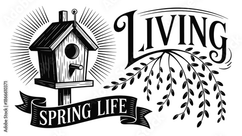 Spring life living illustration with a cozy birdhouse and a beautiful leafy branch design Vector