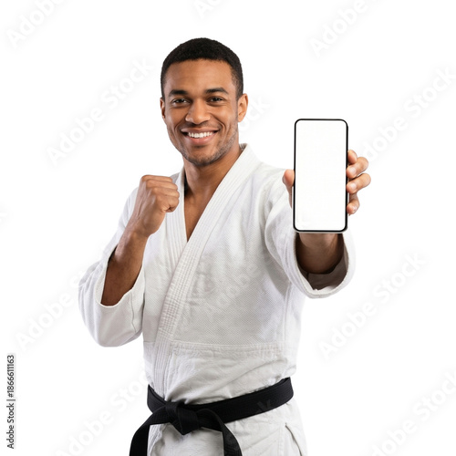 Martial Arts Practitioner Showcasing Smartphone: Confident martial artist holding up a blank screen smartphone, showcasing a blend of strength, focus, and modern technology.