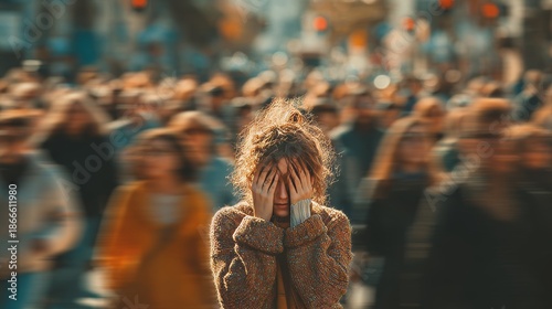 A portrayal of depression shows a young girl in despair, covering her face with her hands, embodying emotional pain, sadness, and isolation. image