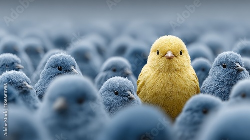 Surrounded by a crowd of identical blue birds, a vibrant yellow bird emerges, signifying individuality, distinctiveness, and the courage to stand apart from conformity