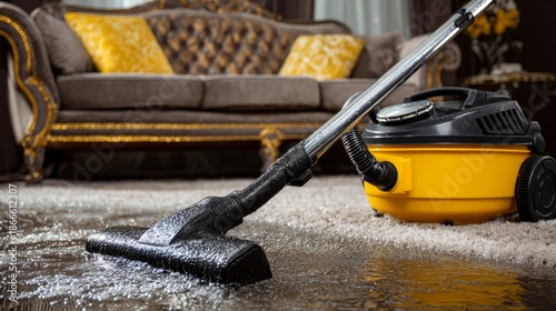 The living room has an industrial fan, water damage, and drying equipment