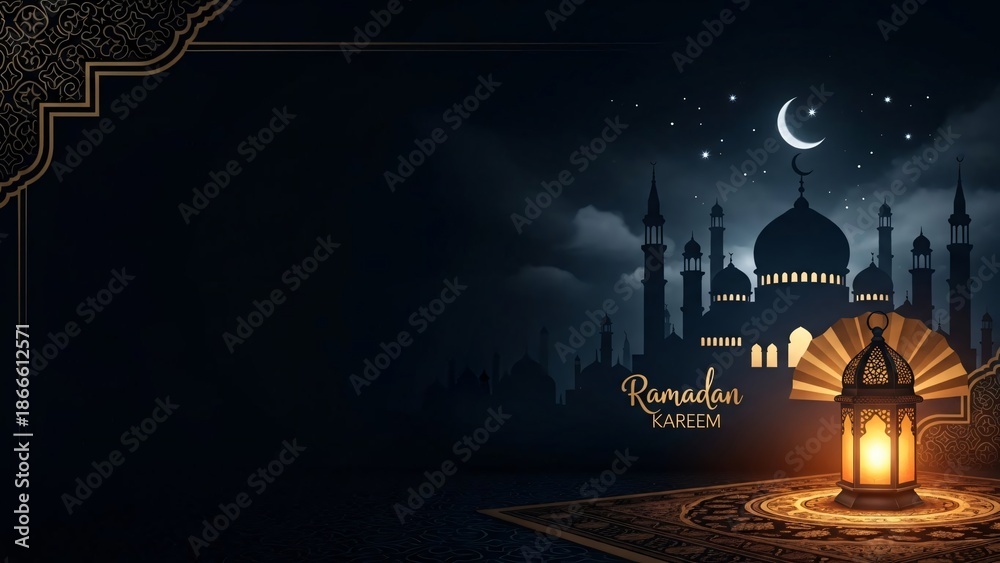 Naklejka premium Ramadan Kareem & Eid El-Fitr Mubarak Islamic Background with Mosque Silhouette and Lantern Wishes