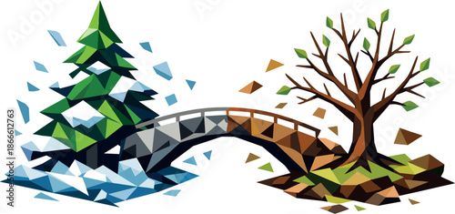 Seasonal Transition Bridge. Low-poly vector illustration focused on a symbolic bridge between a Christmas tree and a tree planted