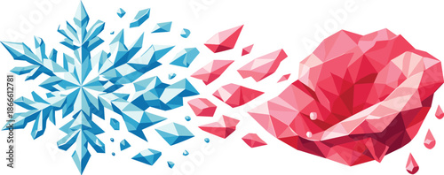 Snowflake to Rose. Low-poly vector illustration focused on the metamorphosis of a snowflake into a rose petal as it melts,