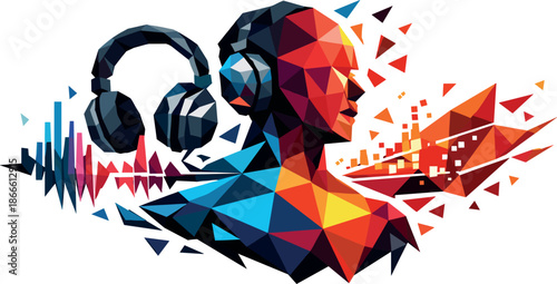 Emotional Music Visualization. Low-poly vector illustration focused on a playlist generated by a neural network based on a