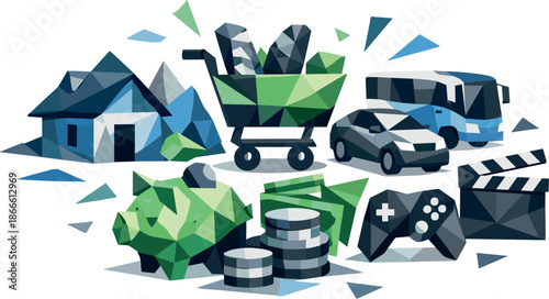 Polygonal Expense Breakdown. Low-poly vector illustration focused on spending categories, polygonal geometric style with sharp