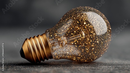 A lightbulb perched on a dark surface, surrounded by golden glitter, symbolizes a flawless innovation strategy, business idea, illumination, creativity, and strategic planning