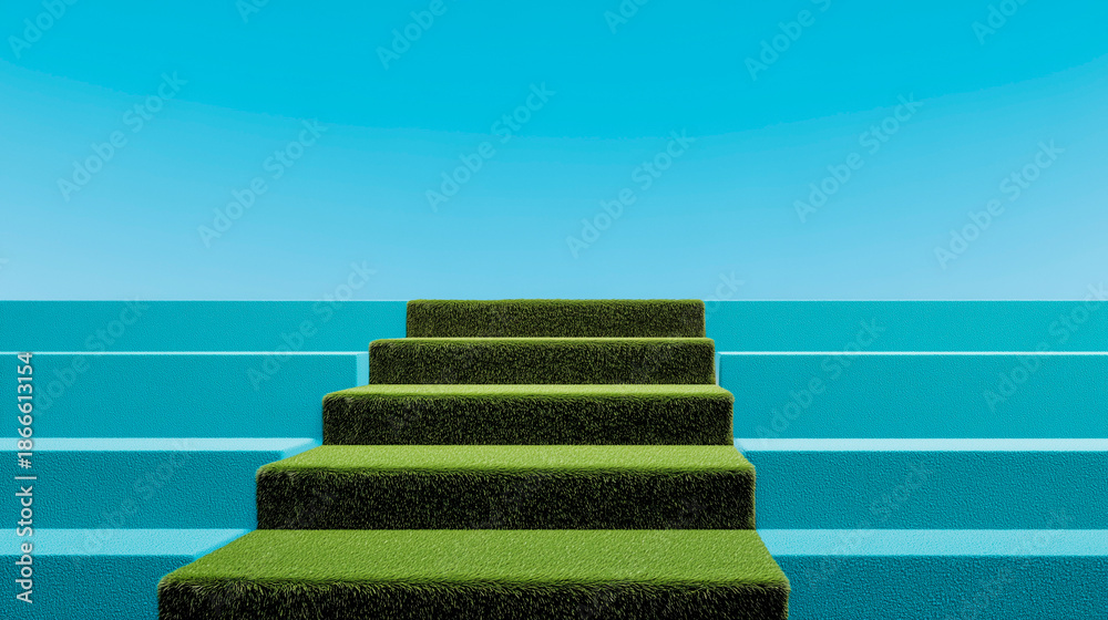 Fototapeta premium Staircase made with blocks of green grass from a soccer field against a blue sky representing the concept of growth, progress and the path to success