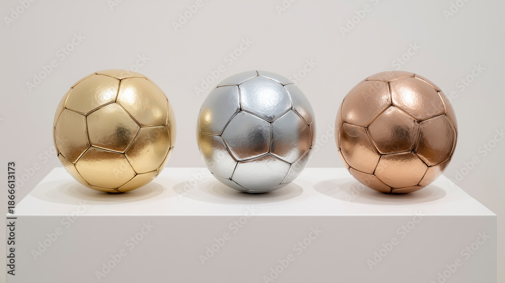 Obraz premium Three soccer balls with gold, silver and bronze metallic finishes on a pedestal that represent the concept of achievement, trophies and awards