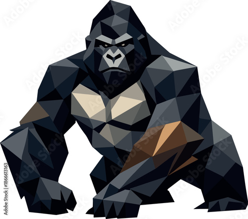 Majestic Polygonal Gorilla. Low-poly vector illustration focused on a majestic gorilla symbolizing strength and resilience,