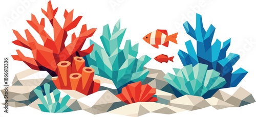 Geometric Coral Reef. Low-poly vector illustration focused on a vibrant tropical coral reef, polygonal geometric style with sharp