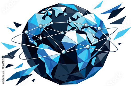 Futuristic World Connections. Low-poly vector illustration focused on a futuristic world connections diagram, polygonal geometric