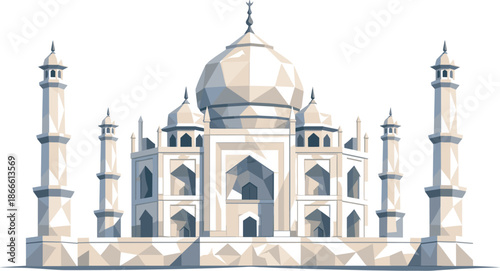 Low-Poly Taj Mahal. Low-poly vector illustration focused on the Taj Mahal viewed frontally, polygonal geometric style with sharp