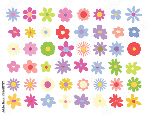 Hand drawn botanical set of abstract colorful spring Daisy flowers. Organic floral design in trendy cartoon retro style. Spring flowers in different shapes. Natural bloom petal. Floral design