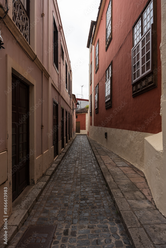 Fototapeta premium Narrow cobblestone street in La Orotava, traditional houses with wooden windows and colorful walls, Tenerife, Canary Islands.
