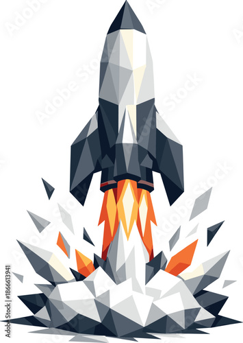 Rocket Launch Vector Art. Low-poly vector illustration of a startup rocket symbolizing launch phase and anticipation, polygonal