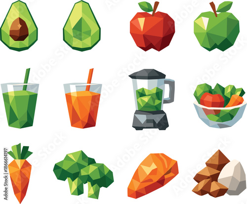 Geometric Nutrition Icons. Low-poly geometric icon set focused on healthy eating and nutrition, including avocado halves, apples,