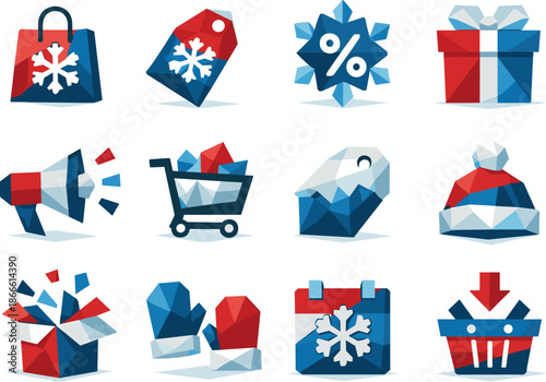 Winter Sale Icons. Low-poly vector icon set of winter sale promotions expressed through seasonal shopping symbols in sharp