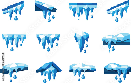 Low-Poly Icicle Icons. Low-poly vector icon set of roof drip and melting icicles falling from rooftops in sharp geometric