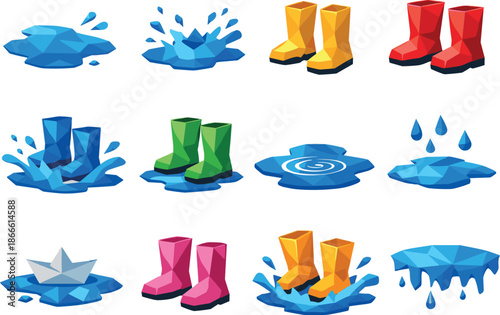Low-Poly Rain Icons. Geometric low-poly vector icons depicting puddles and rain boots through playful wet-weather moments rendered