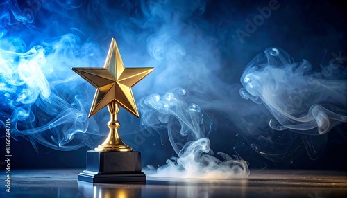 A golden star trophy stands on a black base against a smoky blue backdrop