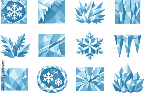 Winter Frost Icons. Low-poly polygonal vector icon set focused on snowflakes on glass, winter frost patterns, and icy window