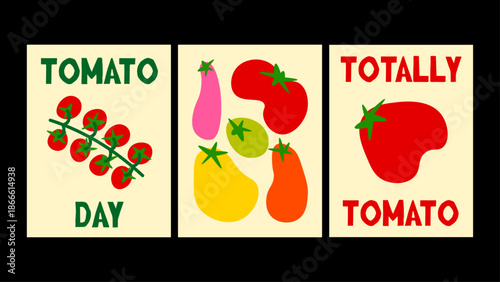 Minimalist tomato posters in retro cartoon style. Juicy red tomatoes with bold shapes and fresh garden mood for modern wall decor.