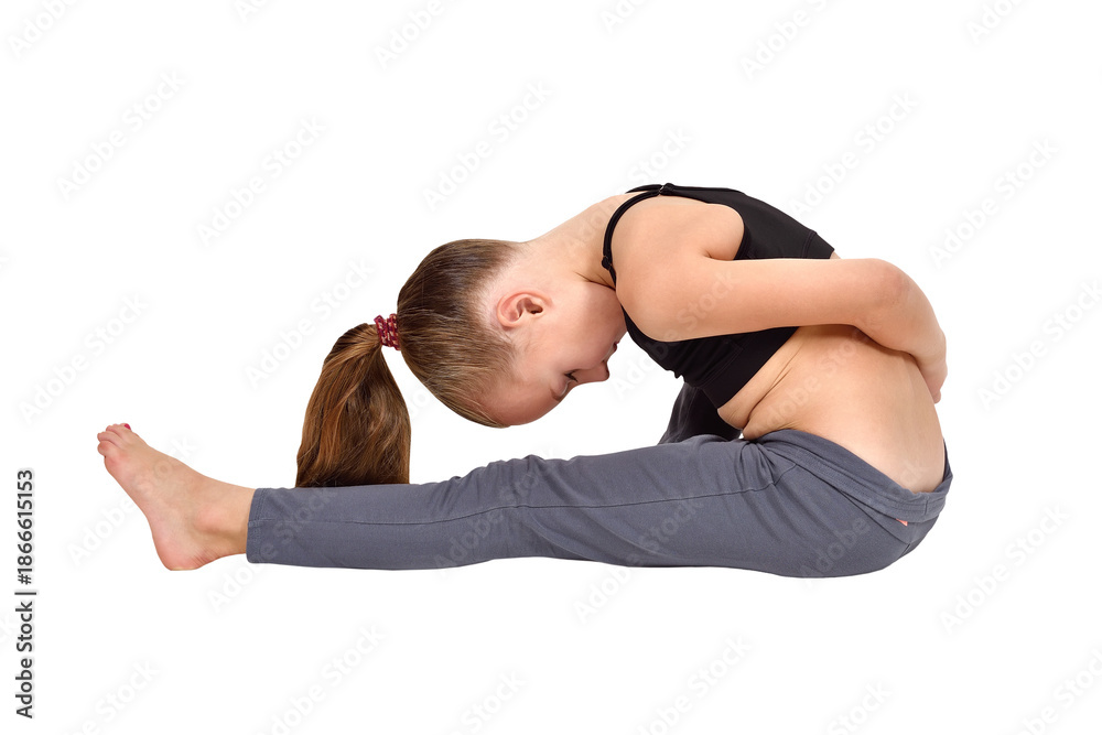 Fototapeta premium Girl in yoga pose wearing leggings and black crop top, concept of fitness.