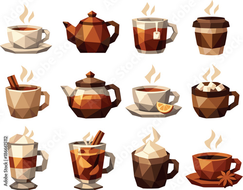 Warm Tea Icons. Hot tea and comforting beverage illustrated as a cohesive low-poly vector icon set built from angular polygonal