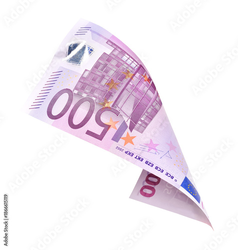 Close up of flying five hundred euro banknotes