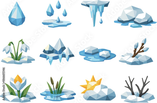 Spring Thaw Icons. Spring first drops and thawing snow visualized as a low-poly vector icon set with sharp polygon edges, faceted